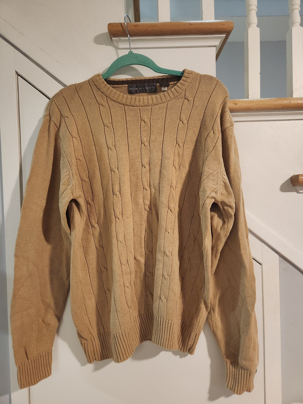 Oscar de la Renta Mens Cable Knit Crewneck Sweater Camel Tan 100% Cotton L EUC